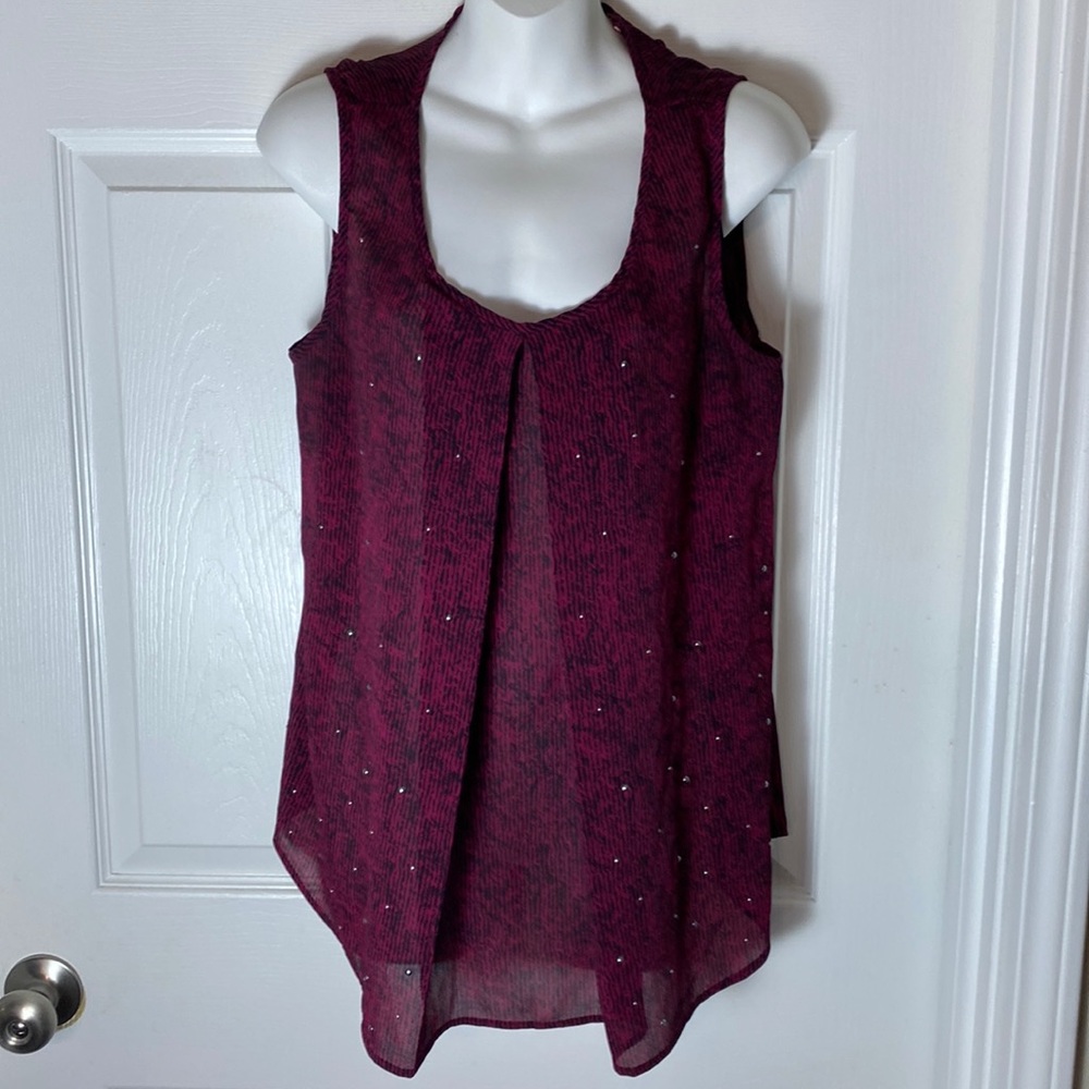 Juicy Couture Red and Black Sleeveless Embellished Swing Top Size L Sheer